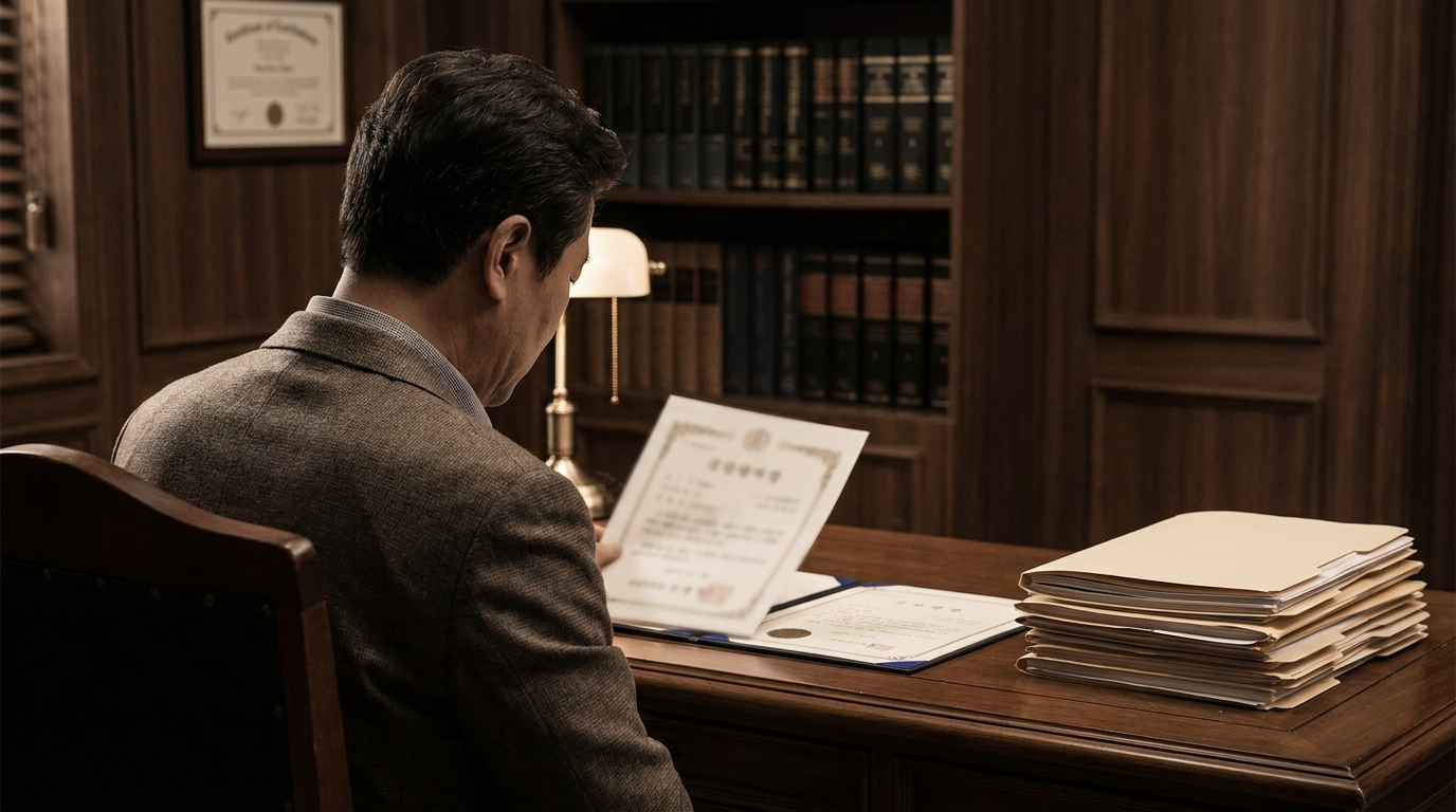 파산면책 결정서 위에 놓인 국세청 체납 고지서를 바라보며 당혹스러워하는 중년 남성