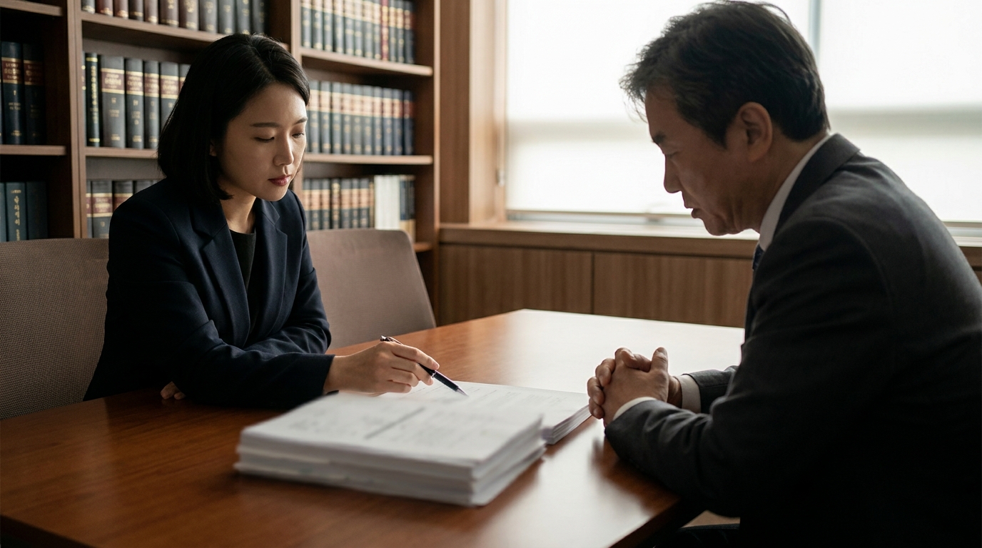 법무법인 회의실에서 변호사가 판례 문서를 짚으며 비면책채권 기준을 설명하는 장면