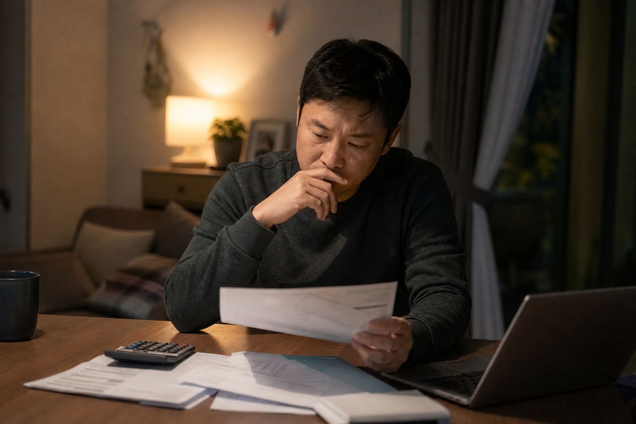 50대 자영업자 폐업 후 개인파산, 국민연금은 지킬 수 있나요? 관련 상황을 보여주는 이미지 — 서류를 검토하는 모습