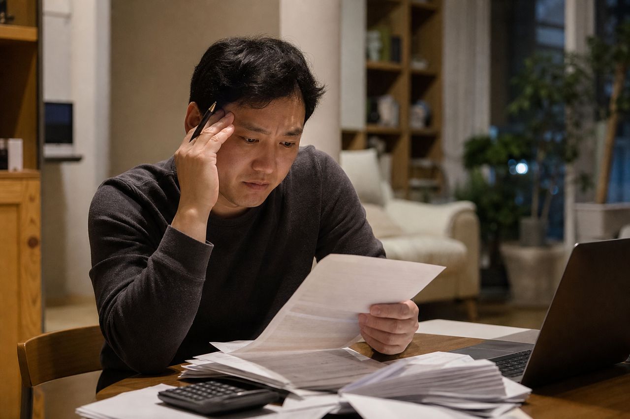 프리랜서 개인회생, 일정하지 않은 수입을 소득으로 설명하는 자료 관련 상황을 보여주는 이미지 — 서류를 검토하는 모습