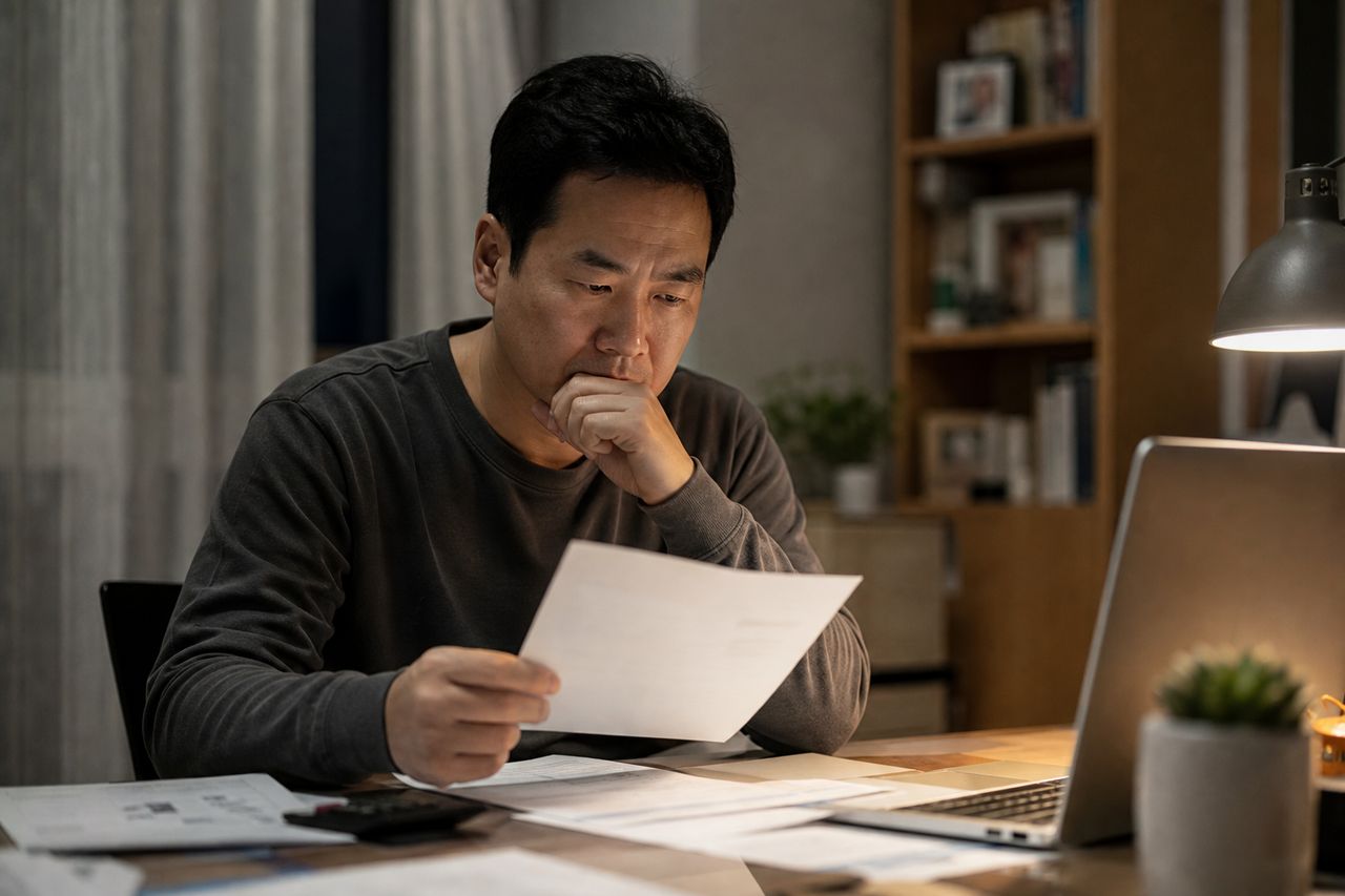 자영업자 개인회생, 매출 자료로 소득을 설명하는 방법 관련 상황을 보여주는 이미지 — 서류를 검토하는 모습