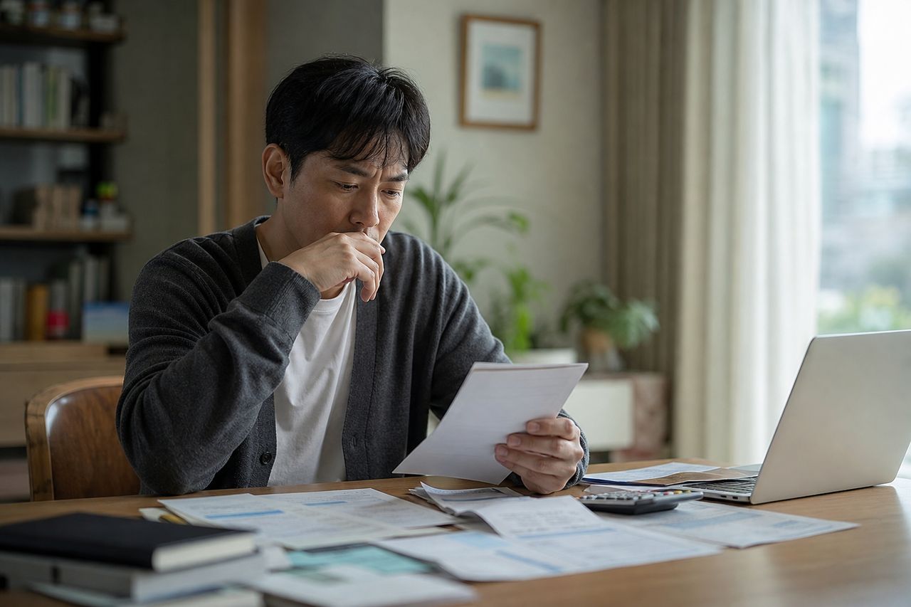 통장압류, 압류된 통장과 개인회생 신청의 관계 관련 상황을 보여주는 이미지 — 서류를 검토하는 모습