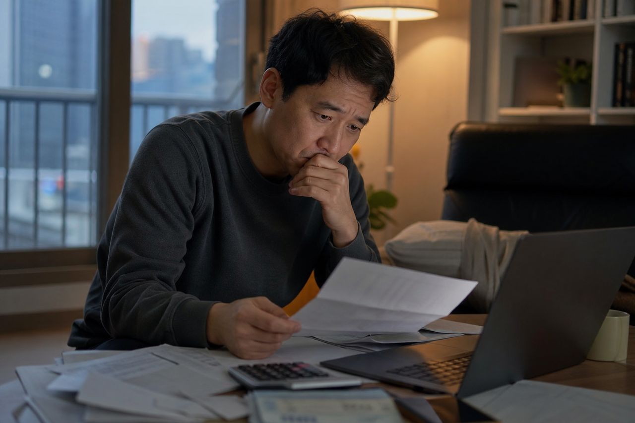 상가 분양권 계약해제 불가, 개인회생 또는 개인파산으로 처리하는 법｜상가·오피스텔 중도금 채무 해결 관련 상황을 보여주는 이미지 — 서류를 검토하는 모습
