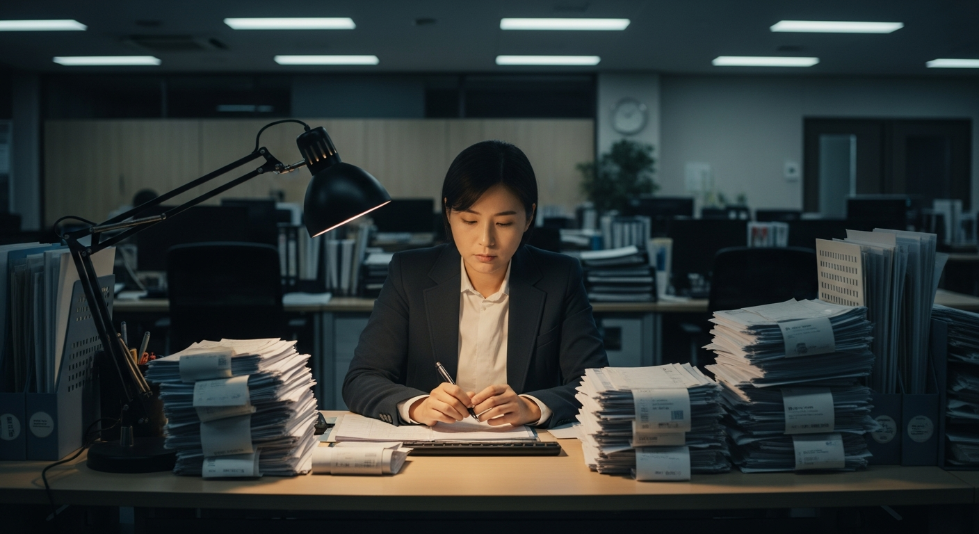 야근 중인 직장인이 쌓인 채무 서류 앞에서 홀로 고민하는 사무실 야경