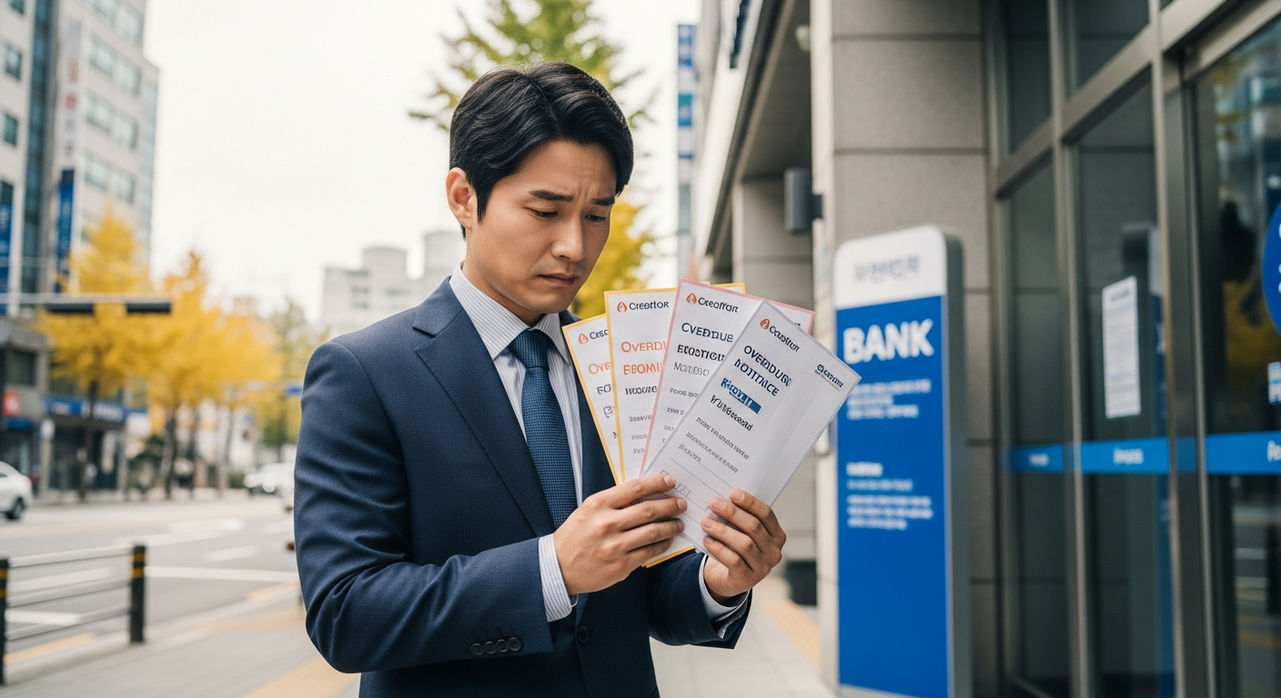 여러 채권자의 연체 고지서를 들고 은행 앞에 선 직장인