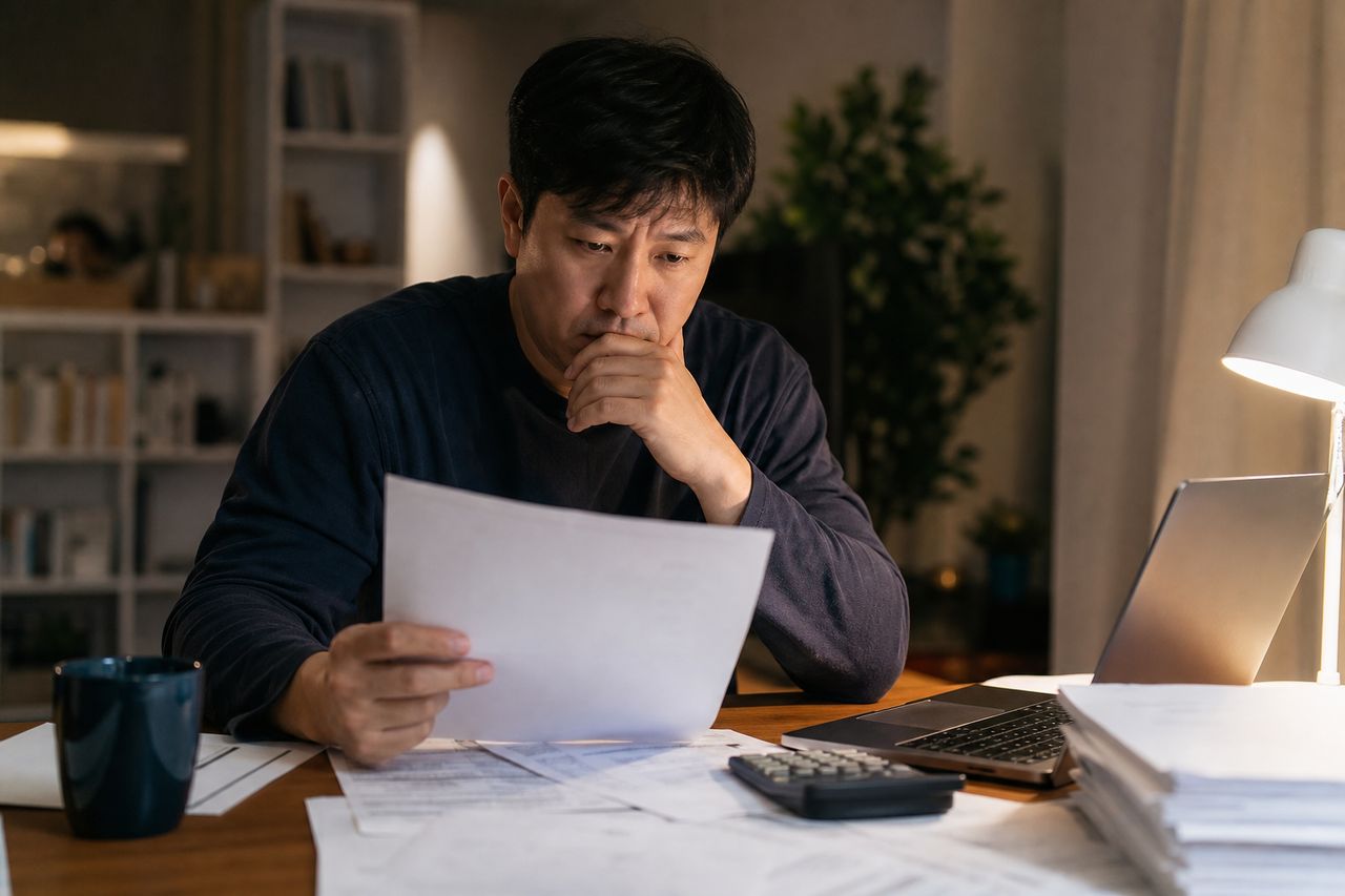 폐업 후 상가 분양권 떠안은 50대 식당 사장 P씨 사례 — 시행사가 계약해제 거부하는 상황, 개인파산으로 파산관재인이 '쌍방 미이행 계약 해제권' 직접 행사하는 구조와 면책까지 걸리는 실제 기간 관련 상황을 보여주는 이미지 — 서류를 검토하는 모습