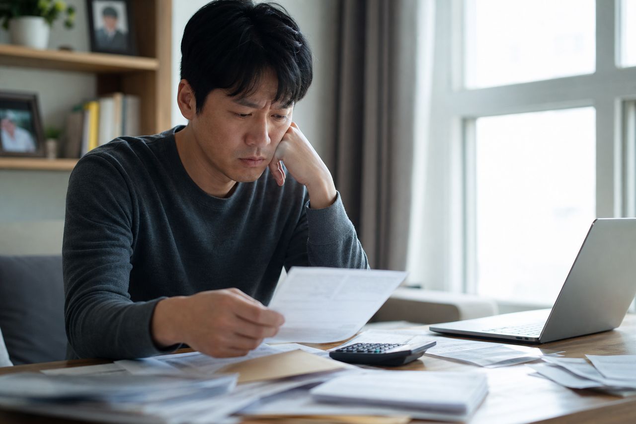 폐업 직전 음식점 사장, 개인회생 신청 자격 조건 확인 전에 세금 체납 분을 먼저 갚는게 유리한 이유 관련 상황을 보여주는 이미지 — 서류를 검토하는 모습