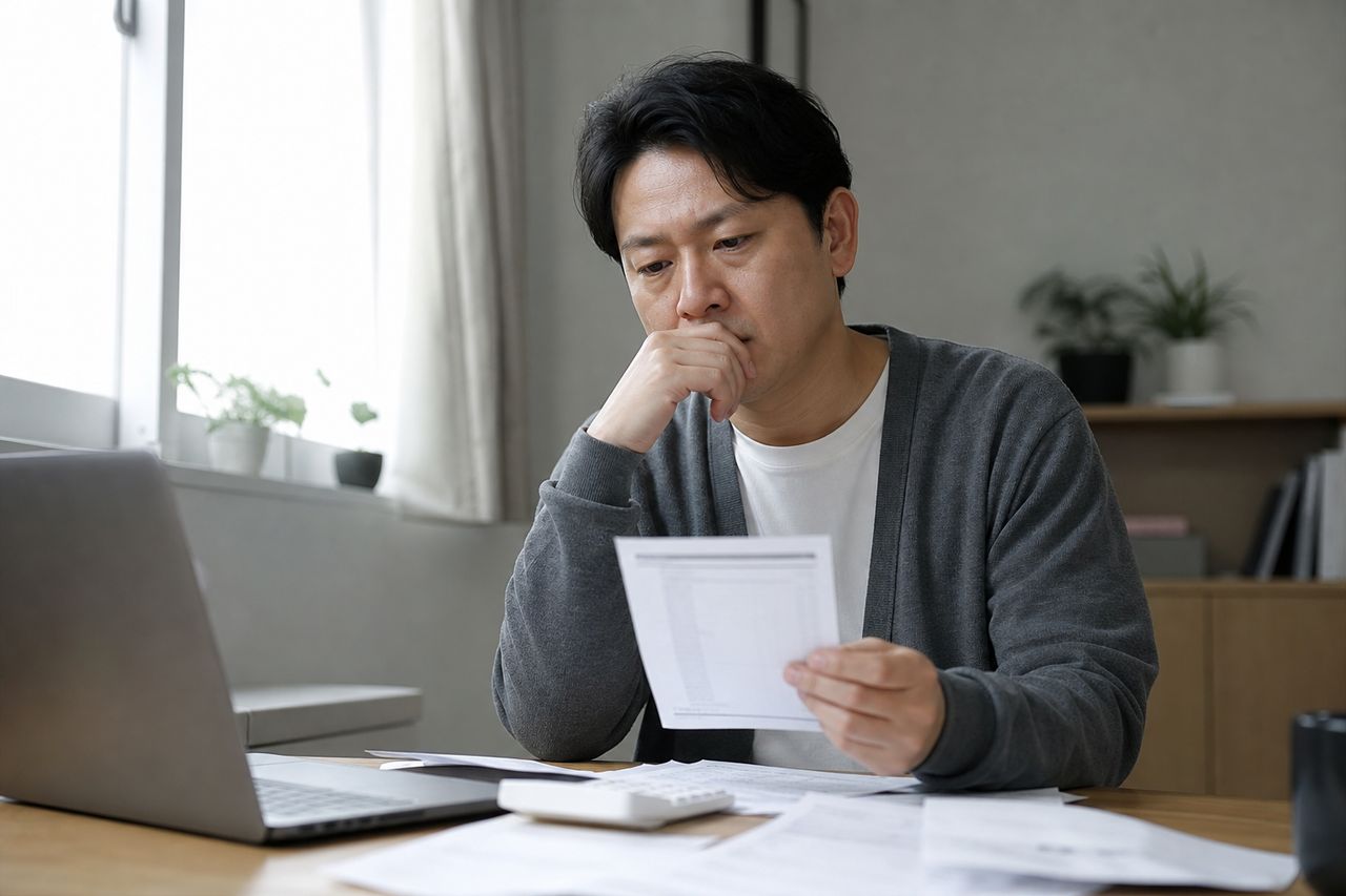 알바 2개 뛰며 학자금·카드 합산 8,400만 원, 25세 취준생 — 부산 개인회생 신청 조건 상담 시 '고정 급여명세서 없는 소득'을 부산회생법원이 인정하는 조건과 취업 후 소득 변동 보고 의무 관련 상황을 보여주는 이미지 — 서류를 검토하는 모습