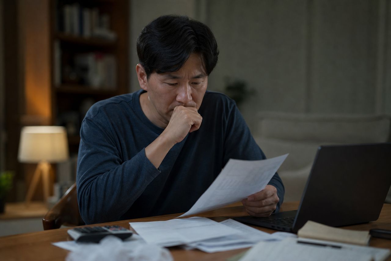 배우자 명의 아파트가 있는 42세 직장인 — 개인회생로펌 없이 셀프 신청했다가 청산가치 2억으로 잡혀 변제금이 월 55만 원에서 280만 원으로 뛴 사례와 특유재산 방어 소명 전략 관련 상황을 보여주는 이미지 — 서류를 검토하는 모습
