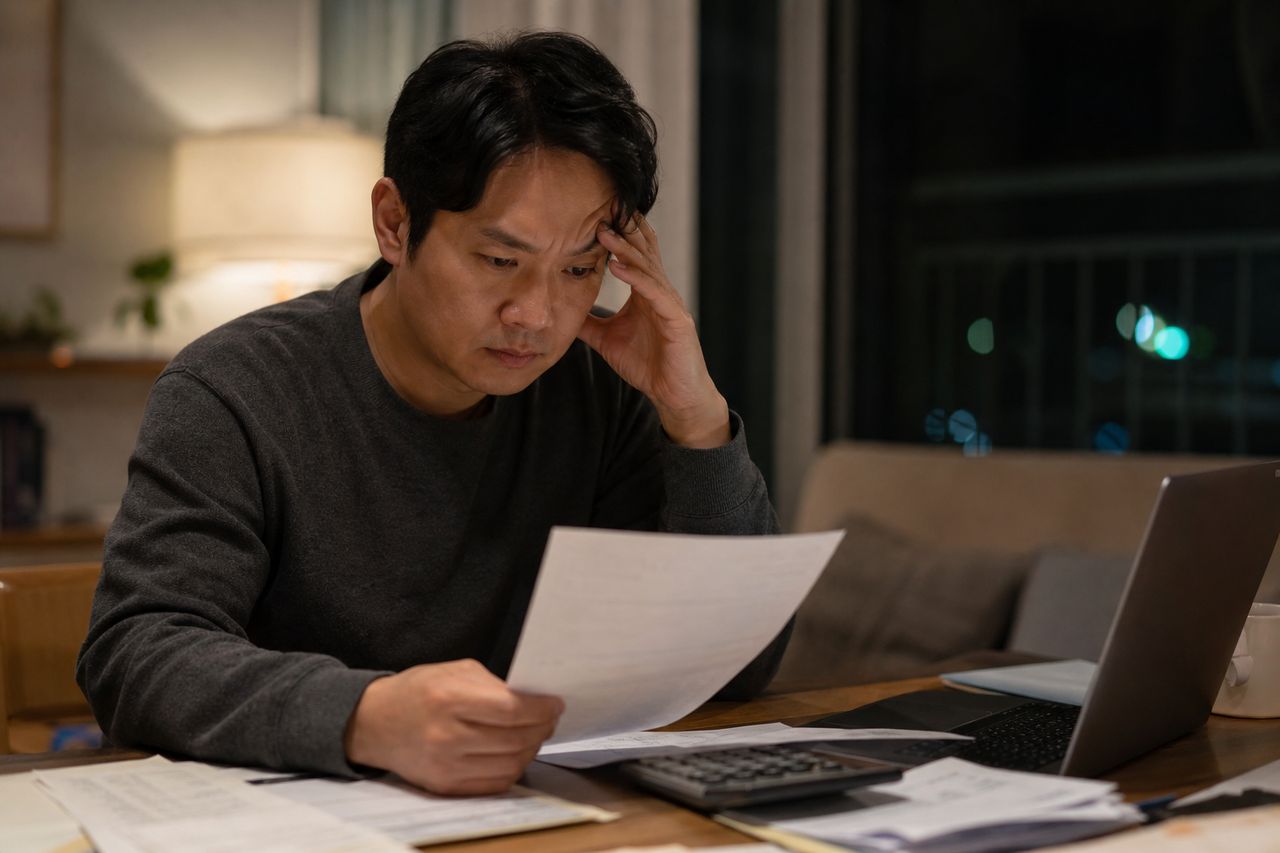 폐업신고 전날 통장에 남은 200만 원 — 개인회생2번 신청 앞둔 자영업자, 폐업 후 소득 '0원' 구간에 신청서 내면 기각되는 구조와 영업소득자 소명 전략 관련 상황을 보여주는 이미지 — 서류를 검토하는 모습