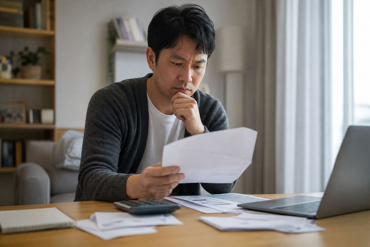 폐업신고 전날 통장에 남은 200만 원 — 개인회생2번 신청 앞둔 자영업자, 폐업 후 소득 '0원' 구간에 신청서 내면 기각되는 구조와 영업소득자 소명 전략 관련 상황을 보여주는 이미지 — 서류를 검토하는 모습