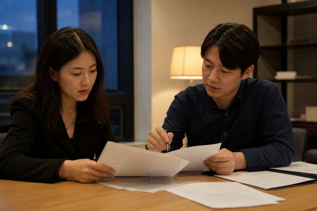 회사 재직 중 통장 압류 통보 받은 38세 K씨가 개인회생로펌 찾은 이유 — 급여명세서 있어도 '배우자 명의 아파트'가 청산가치에 잡히는 구조, 회생법원 vs 지방법원 판단 차이가 변제금 수백만 원 가르는 기준 관련 전문가 상담·서류 검토 장면