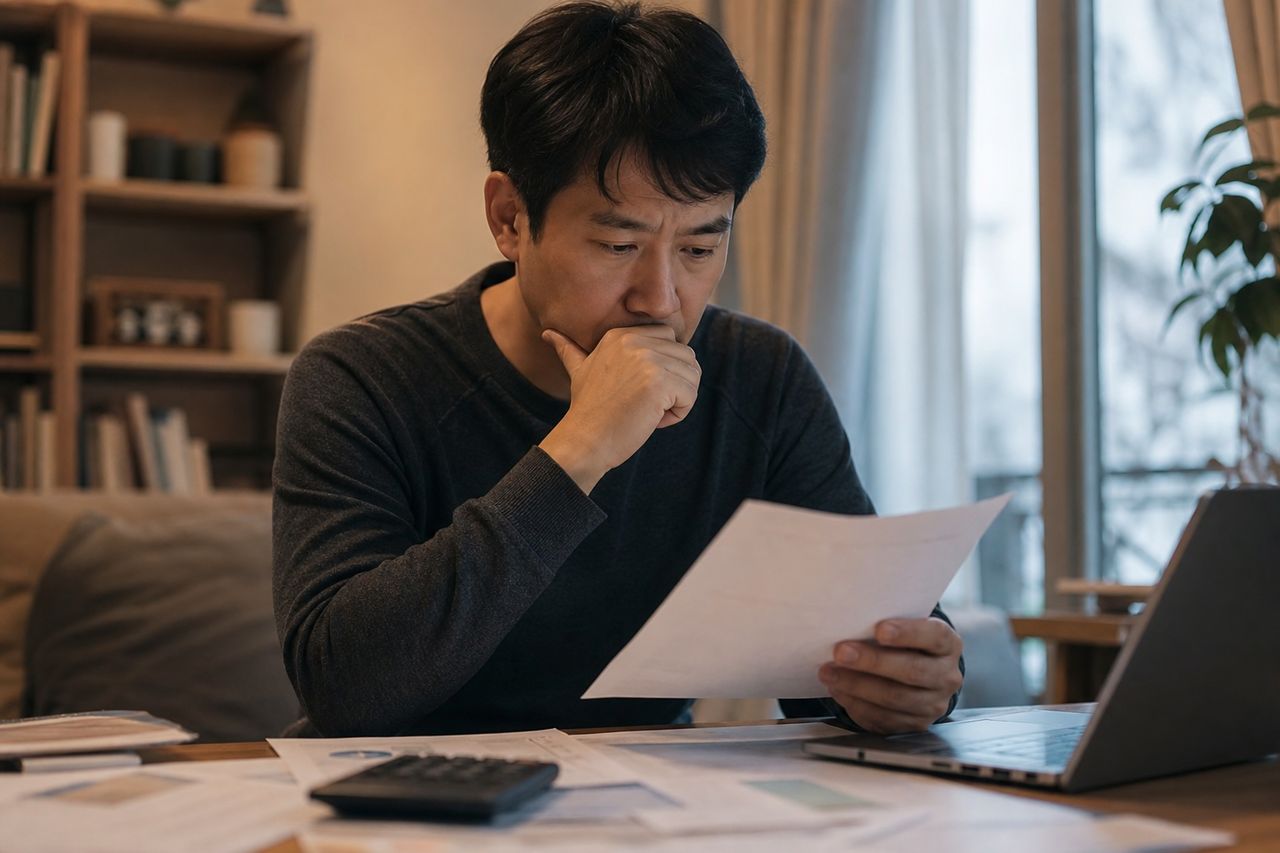 부동산 투자 실패로 2억 빚진 40대 직장인의 개인회생 성공 사례 — 월 80만 원 변제계획안이 인가된 핵심 3가지와, 회생 중 이직해 연봉 올랐을 때 변제금이 바뀌는 조건 관련 상황을 보여주는 이미지 — 서류를 검토하는 모습