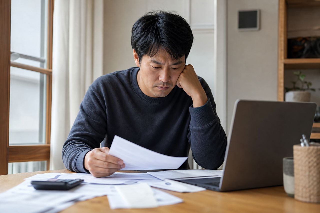 통장 압류 문자 받은 인천 남동구 38세 IT 계약직 — 인천 개인회생신청자격 따질 때 '비정규직 소득'을 회생법원이 인정하는 기준과 금지명령 신청까지 14일 골든타임 관련 상황을 보여주는 이미지 — 서류를 검토하는 모습