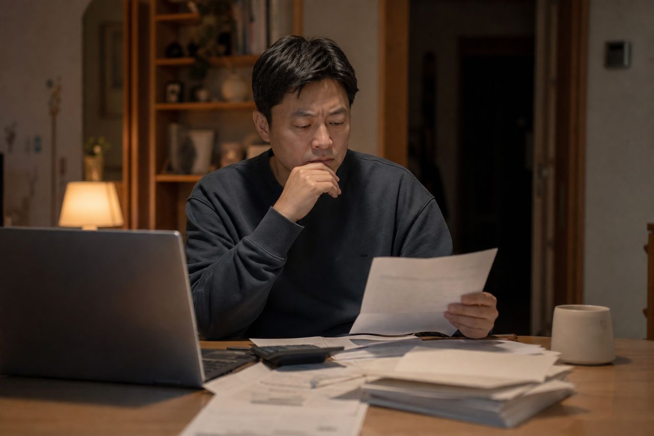 매출 반토막 자영업자의 개인회생 성공 사례 — 새출발기금(2026년 말 마감 연장)과 개인회생 병행이 가능한지, 폐업 전 vs 폐업 후 신청 시 변제계획안에서 '영업소득' 소명이 갈리는 지점 관련 상황을 보여주는 이미지 — 서류를 검토하는 모습