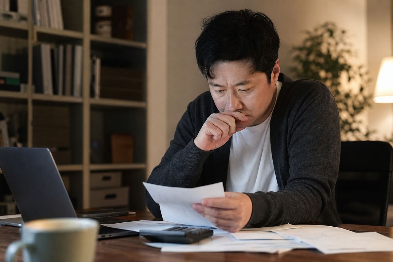 포괄 연봉제 계약서 재갱신 앞둔 43세 IT 팀장, 서초구개인회생 접수 전 '근로계약 갱신 기간과 소득 입증 타이밍'이 변제금 산정 결과를 가르는 이유 관련 상황을 보여주는 이미지 — 서류를 검토하는 모습