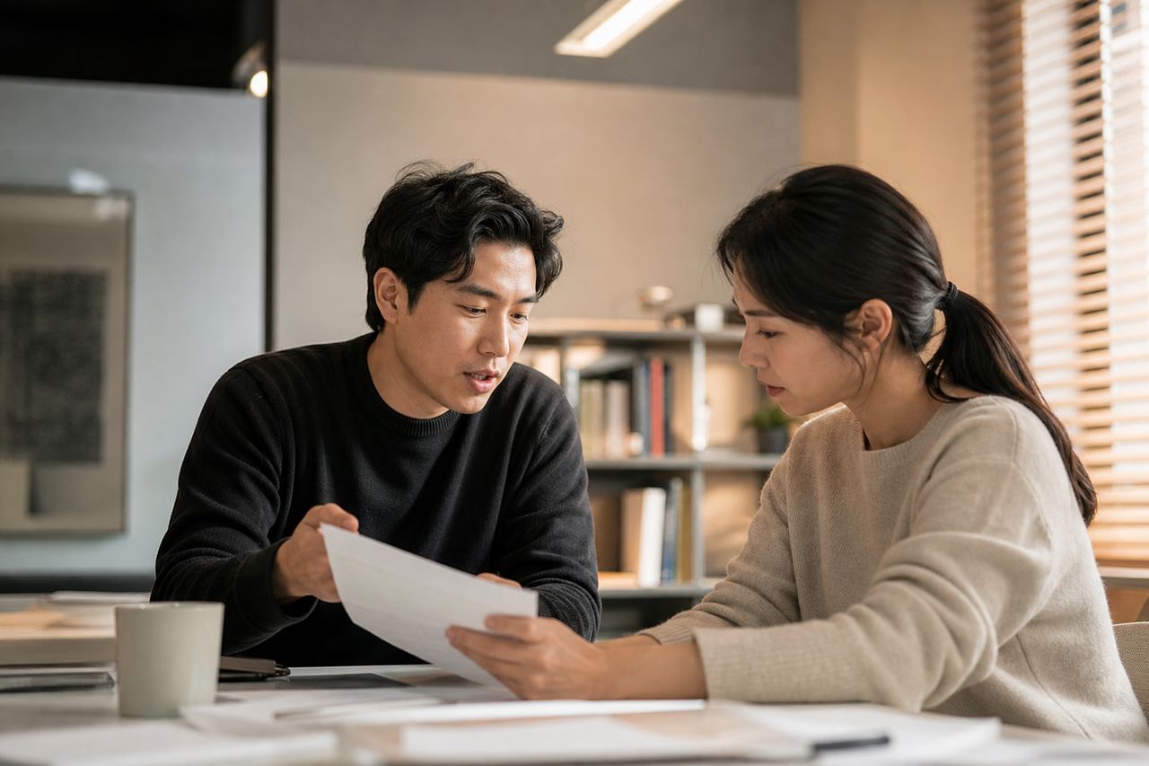 포괄 연봉제 계약서 재갱신 앞둔 43세 IT 팀장, 서초구개인회생 접수 전 '근로계약 갱신 기간과 소득 입증 타이밍'이 변제금 산정 결과를 가르는 이유 관련 전문가 상담·서류 검토 장면