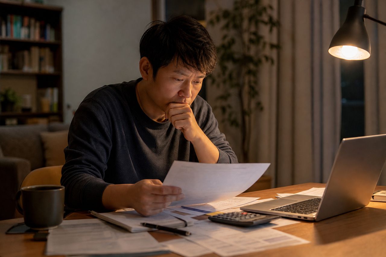성과급 포함 연봉 5,500만 원인데 월 실수령은 330만 원 — 개인회생신청자격조회 시 법원이 '연봉/12'와 '실수령액 중 어떤 걸 소득으로 보는지', 이직 협의 중 소득 변동이 변제금 산정을 바꾸는 타이밍과 인가결정 전후 차이 관련 상황을 보여주는 이미지 — 서류를 검토하는 모습