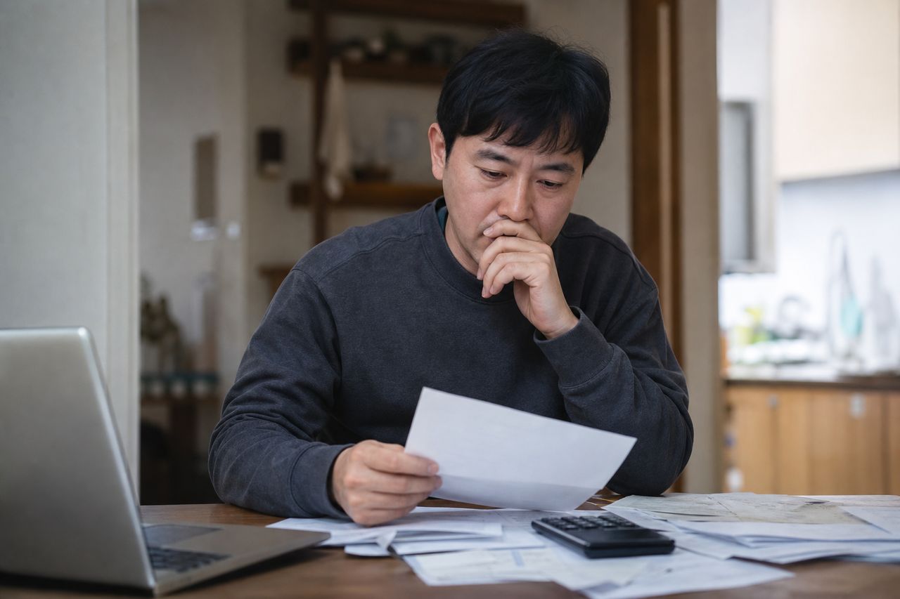 카드단말기·냉장고 할부 포함 사업부채 1억 2천, 폐업 3개월 된 편의점 점주 — 서초구 개인회생 변호사 상담에서 '가맹 위약금 채무가 무담보채권 10억 한도 초과 여부'를 먼저 따지는 이유와 폐업 후 '재취업 예정 근로계약서'만으로 소득 인정받은 사례 관련 상황을 보여주는 이미지 — 서류를 검토하는 모습