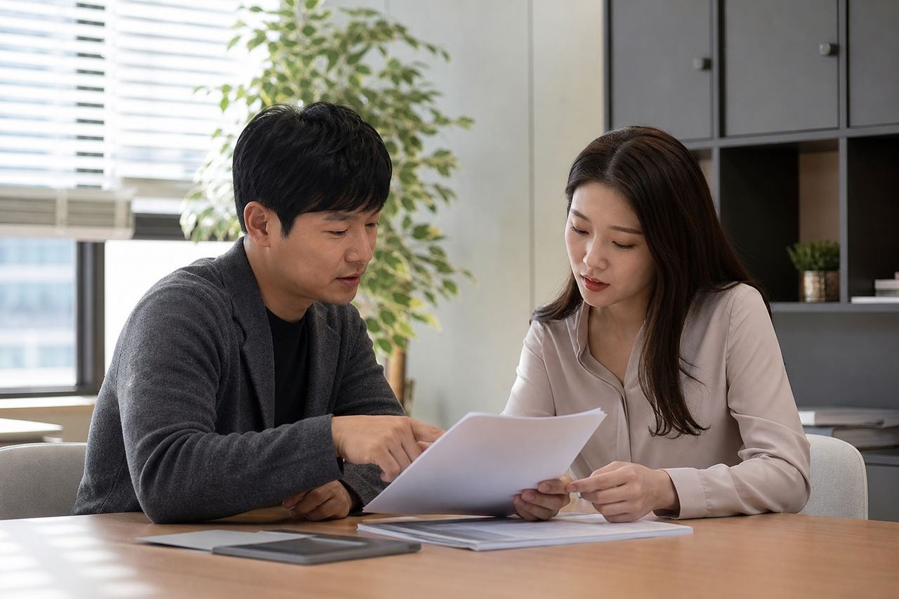 자영업자 개인회생신청 관련 전문가 상담·서류 검토 장면