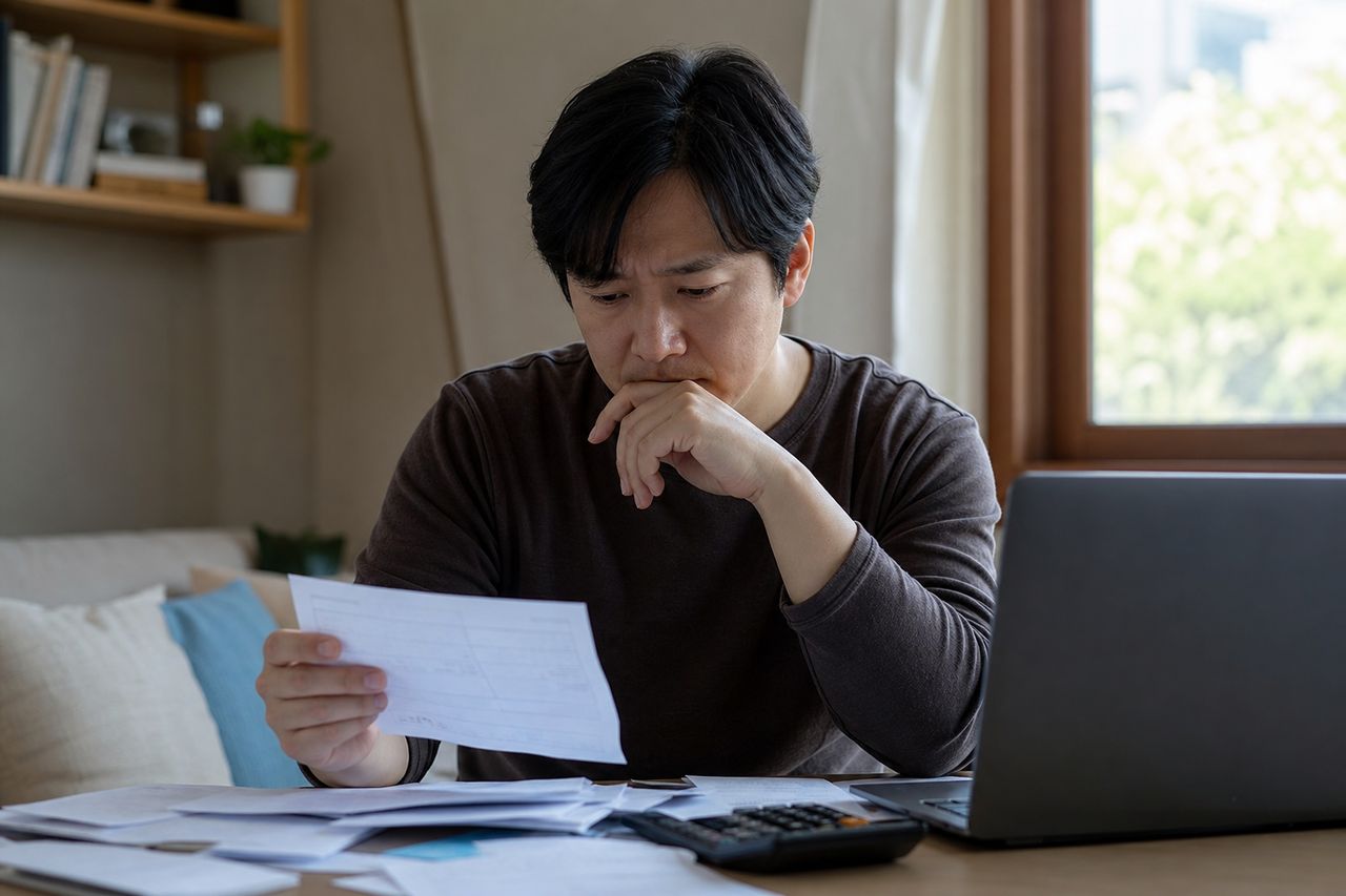 온라인 도박 빚 4,000만 원으로 지급불능 상태 — 파산 면책은 거부되지만 회생은 가능한 이유와 법원이 청산가치에 도박손실금을 반영하는 계산 방식 관련 상황을 보여주는 이미지 — 서류를 검토하는 모습