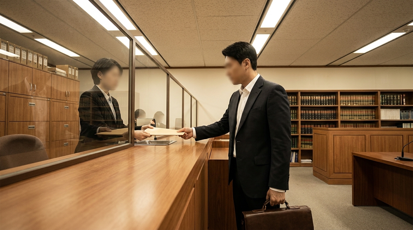 법원 민원창구에서 변제계획 변경 신청 서류를 제출하는 채무자
