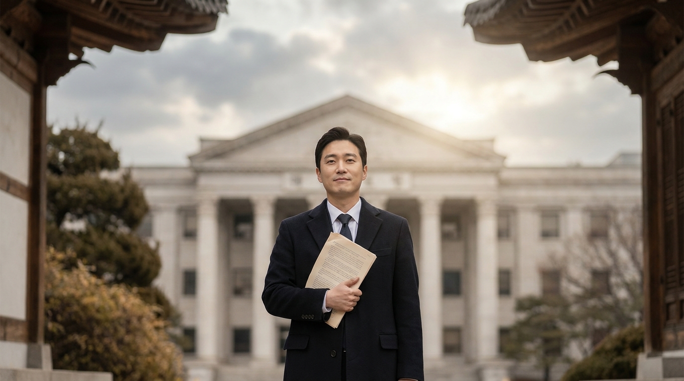법원 앞에서 변제계획 변경 인가 결정문을 들고 안도의 표정을 짓는 채무자